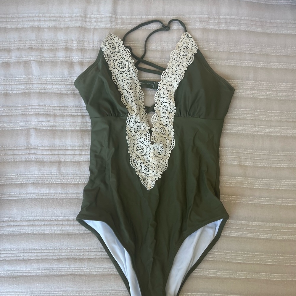 Olive Green Lace Trim One Piece